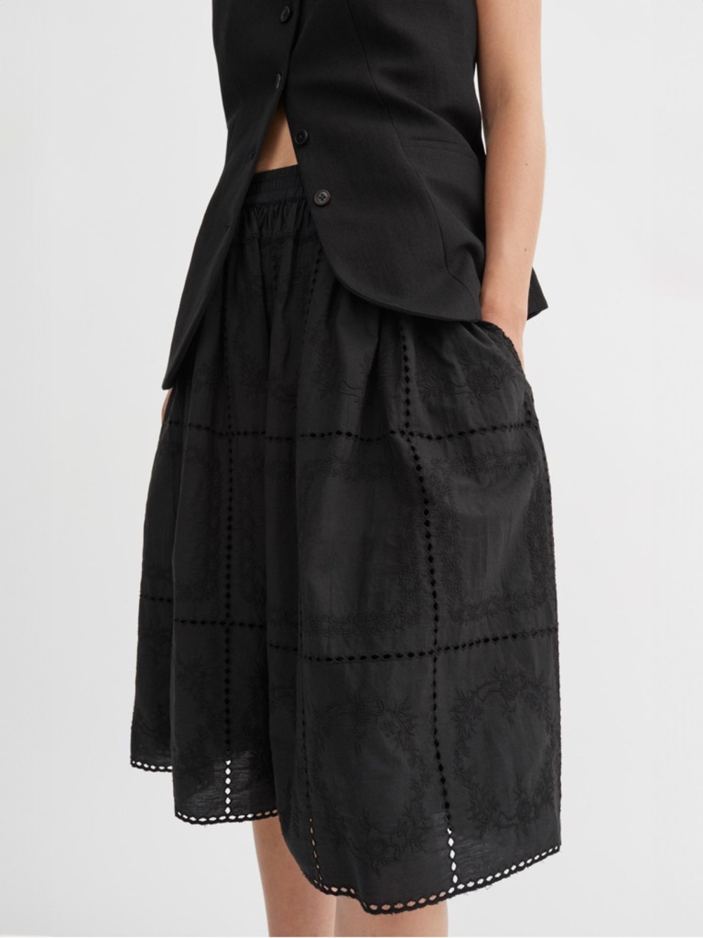 Skall Studio Anemone Black Embroidered Midi Skirt with Elastic Waist